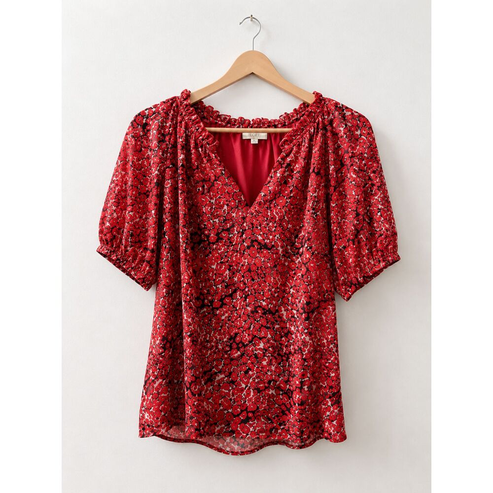 Kori America Floral Blouse Size Small Red Puff Sleeve Boho Top